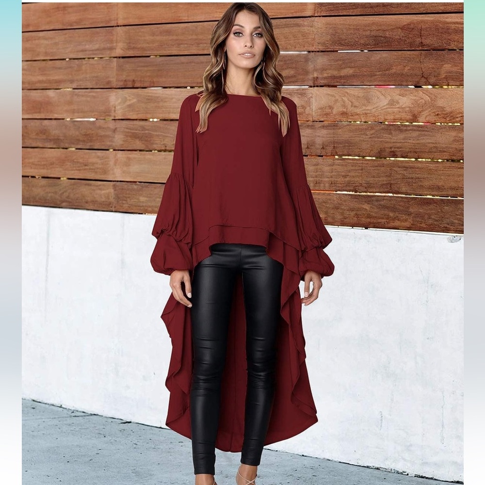 Maroon High Low Tunic Blouse | Balloon Sleeve Top | Size Small | NWOT